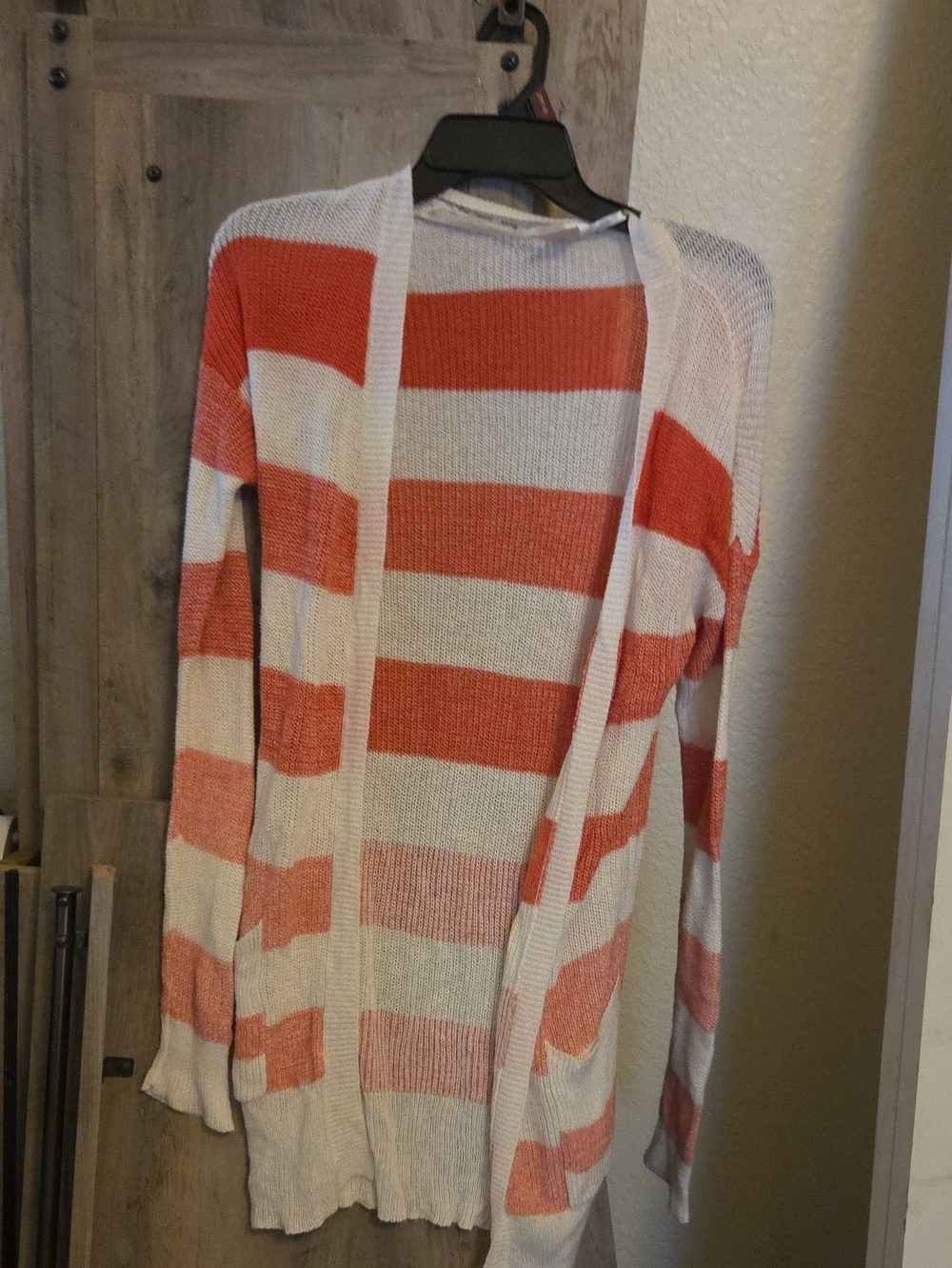 Roxy Striped Open-Front Women's Cardigan Sweater in Coral and Cream